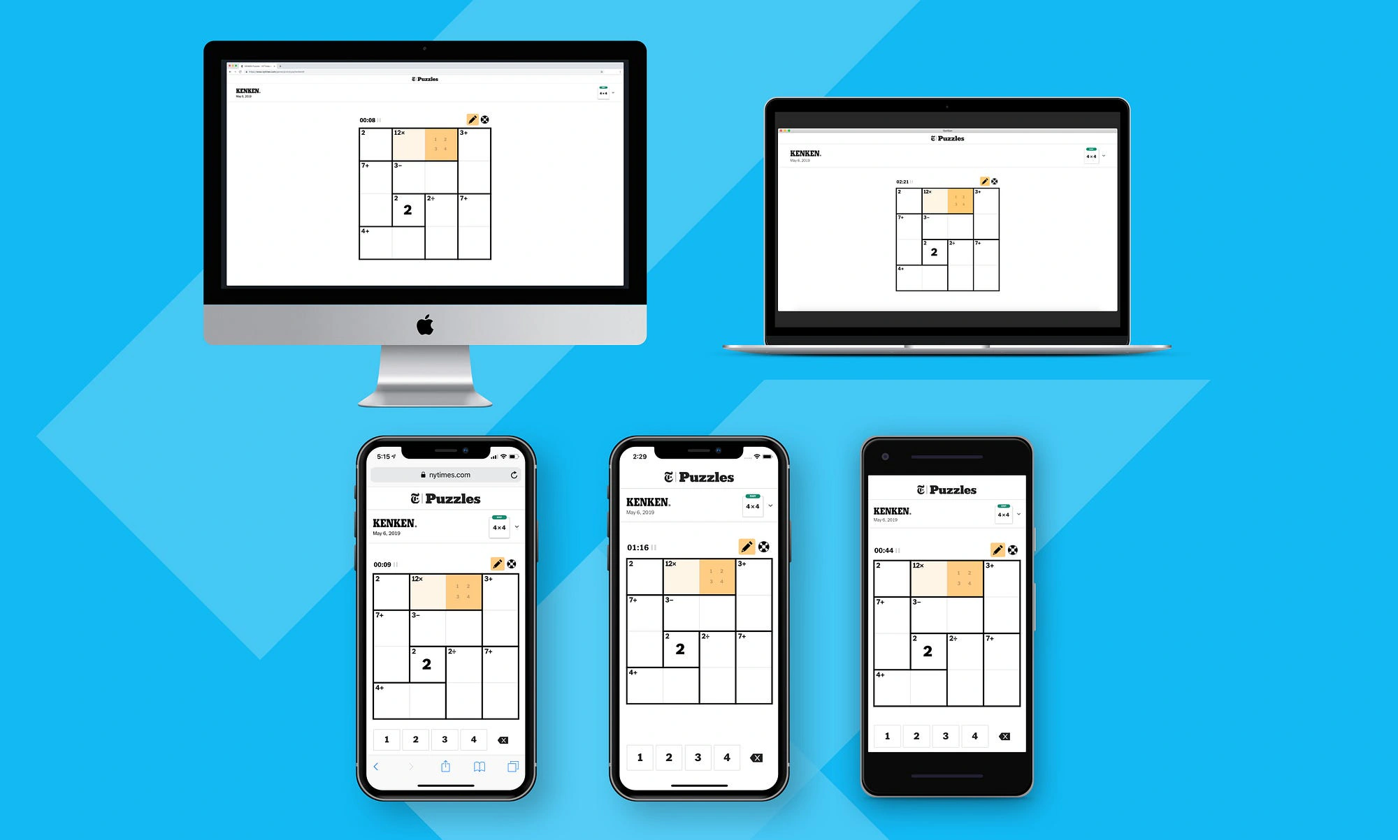 The New York Times KENKEN game, shown running on Chrome, macOS, mobile Safari, iPhone and Android.